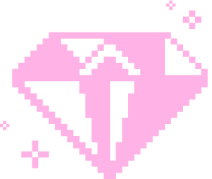 Pixelgrafik eines pinken Diamanten, umgeben von schwebenden pinken Pixel-Sternen.