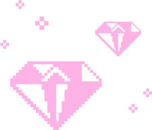 Pixelgrafik von zwei pinken Diamanten, umgeben von schwebenden pinken Pixel-Sternen.