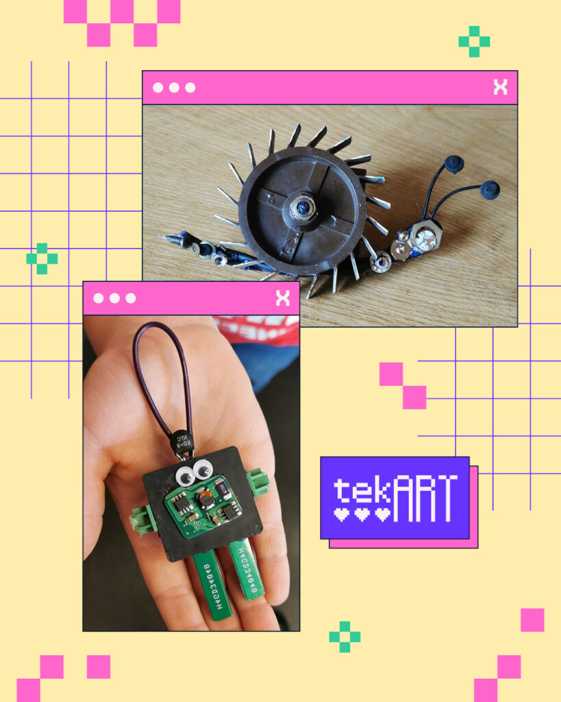 Instagram-Post mit Fotos im Retro-Browserstil: Rechts eine Nahaufnahme einer kleinen Schnecken-Skulptur mit einem Haus aus einem Lüfter. Links eine Nahaufnahme einer Hand mit einem Schlüsselanhänger in Form eines kleinen Roboters aus Platinenteilen und mit Wackelaugen. Umgeben von Pixelgrafik-Elementen wie Gitternetz, pinken Blöcken und grünen Sternen auf gelbem Hintergrund.