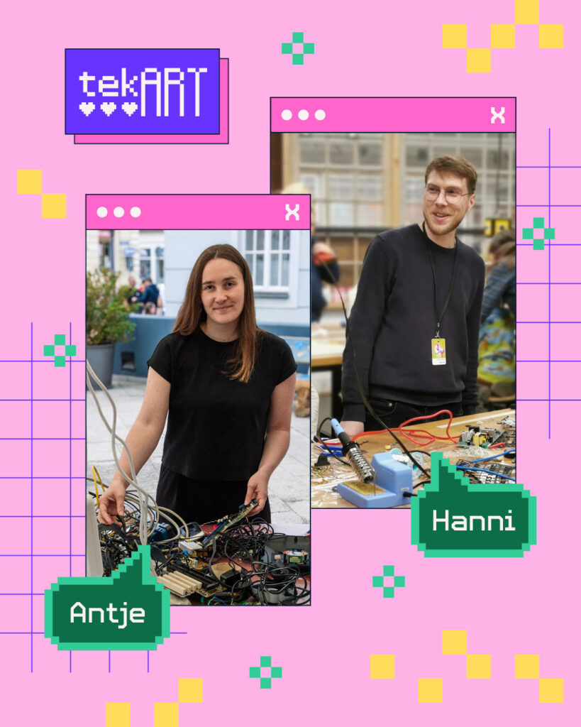 Instagram-Post mit Fotos im Retro-Browserstil: Zwei Personen in Porträtdarstellungen bei der Arbeit mit Elektronikbauteilen. Links steht Antje vor einem Tisch mit Elektronikschrott im Freien. Rechts steht Hanni an einem Tisch mit Lötkolben und Elektronikschrott in einem Innenraum. Ihre Namen sind in grünen Pixel-Sprechblasen beschriftet. Umgeben von Pixelgrafik-Elementen wie Gitternetz, gelben Blöcken und grünen Sternen auf pinkem Hintergrund.