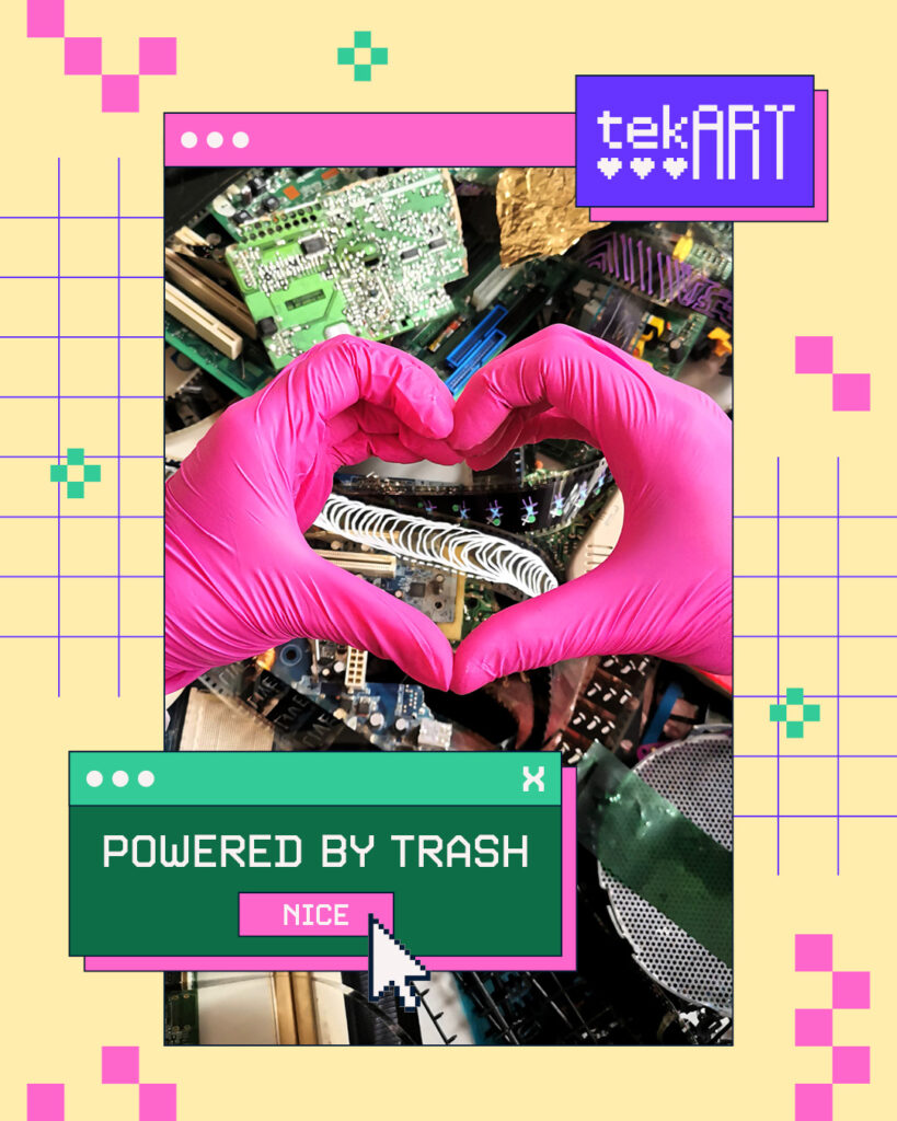 Instagram-Post mit Foto im Retro-Browserstil: Zwei Hände in pinken Einweghandschuhen formen ein Herz über einem Haufen Elektronikschrott. Ein grünes Fenster im Retro-Browserstil mit dem Text ‚Powered by trash‘ und dem Button ‚Nice‘ erscheint teils darüber. Umgeben von Pixelgrafik-Elementen wie Gitternetz, pinken Blöcken und grünen Sternen auf gelbem Hintergrund.