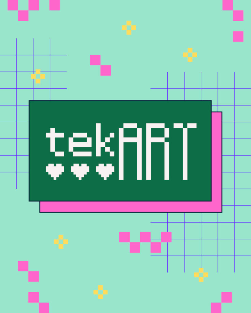 Instagram-Post: Das tekART Logo umgeben von Pixelgrafik-Elementen wie Gitternetz, pinken Blöcken und gelben Sternen auf grünem Hintergrund.
