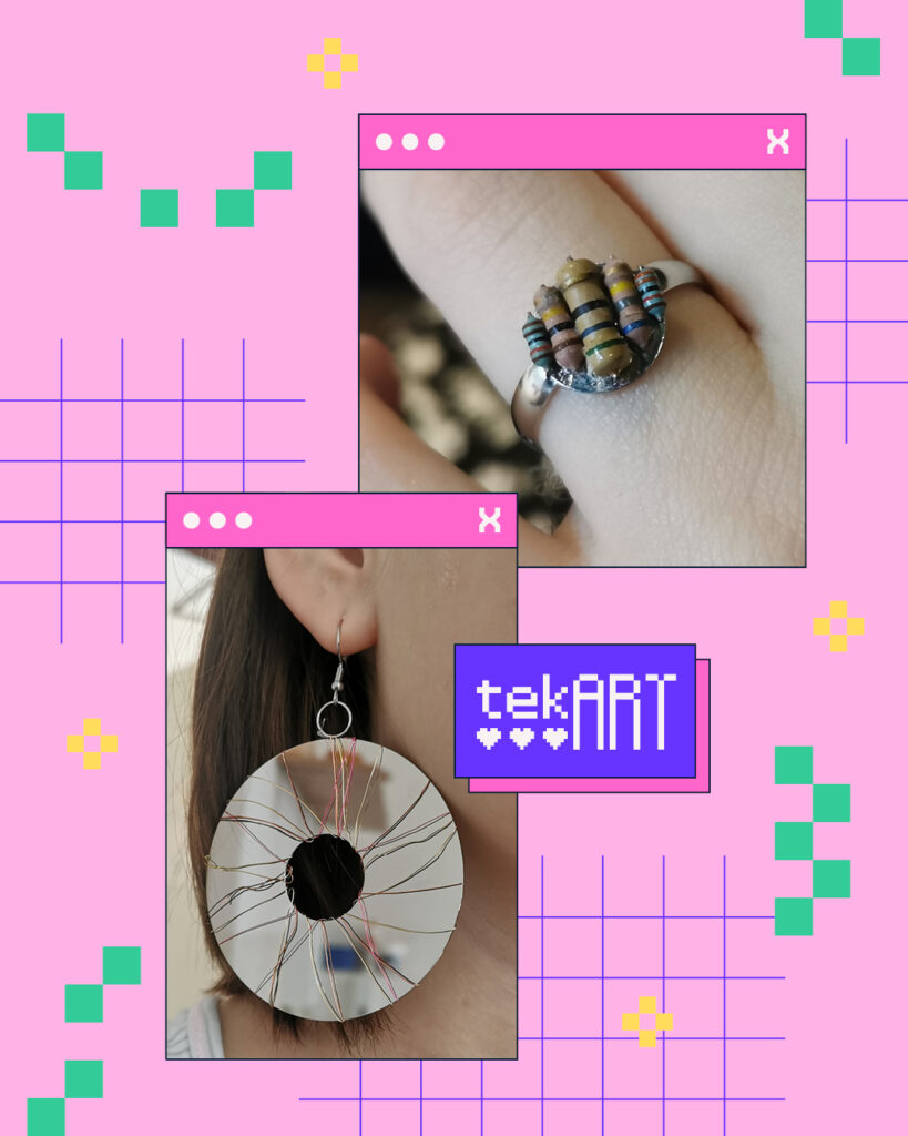 Instagram-Post mit Fotos im Retro-Browserstil: Rechts eine Nahaufnahme eines Fingers mit einem Ring, verziert mit aufgeklebten Widerständen aus alten Platinen. Links eine Nahaufnahme eines Ohrrings aus einer glänzenden Scheibe einer alten Festplatte, um die dünner Draht gewickelt ist. Umgeben von Pixelgrafik-Elementen wie Gitternetz, grünen Blöcken und gelben Sternen auf pinkem Hintergrund.